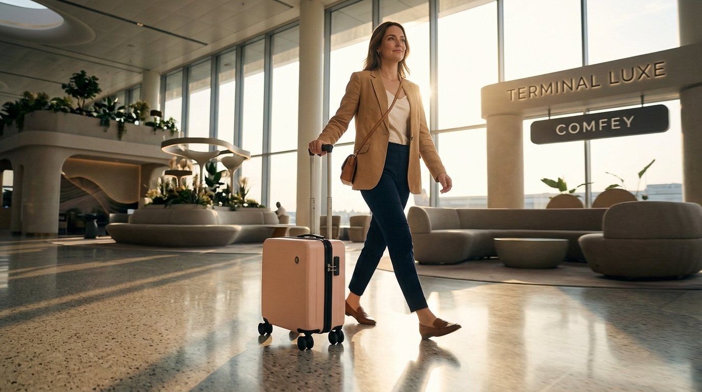 Woman traveling with Comfey suitcase